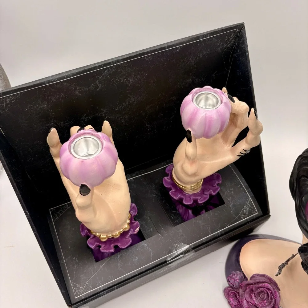 Bella Lux Halloween Bride of Frankenstein Bust & Hand Candle Holder Set Purple